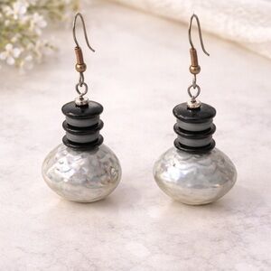 Artisan Abalone Shell Dangle Earrings Black Bead Pierced Boho Style